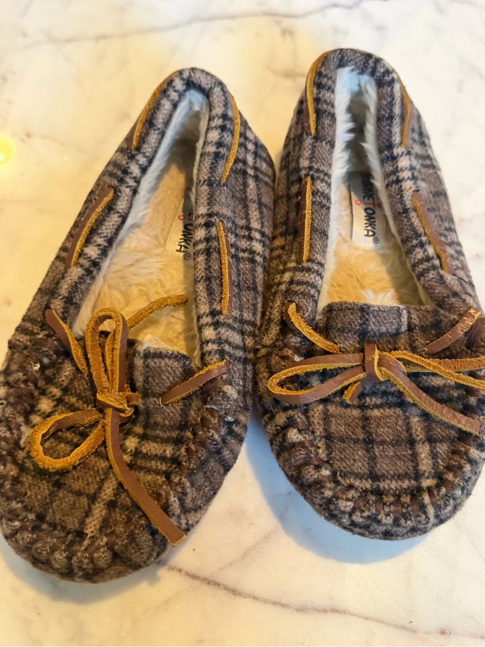 Minnetonka Plaid Faux-Fur Lined Kids Moccasin Slippers - Brown 12